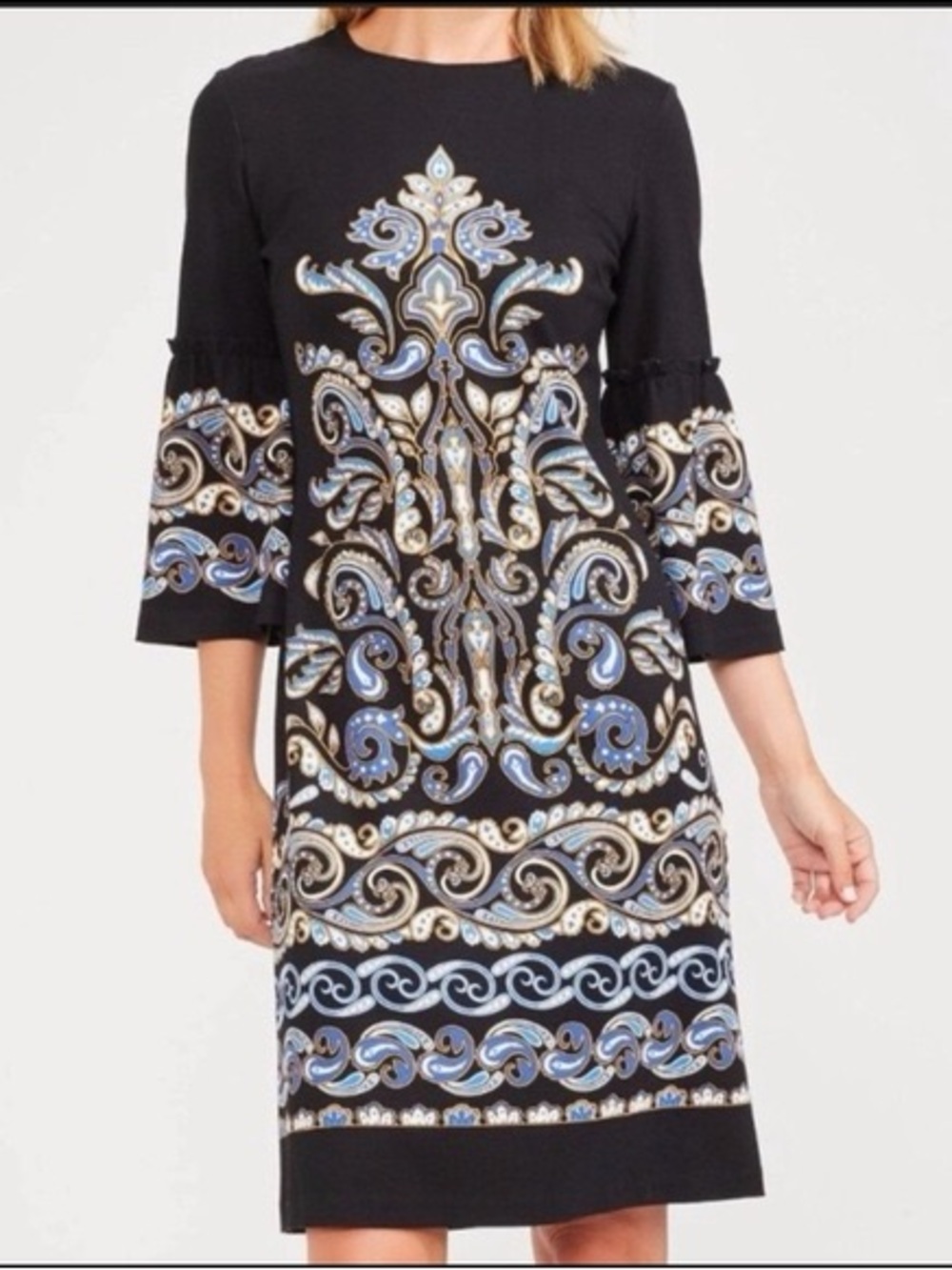 J. McLaughlin Kinsley Bell Sleeve Dress Knee-Length Black/Blue Neo Turkessa NWT